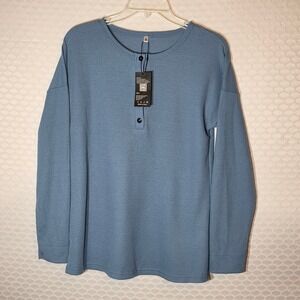 Molerani Womens Waffle Knit Henley Top Long Sleeve Blue Size Small NWT